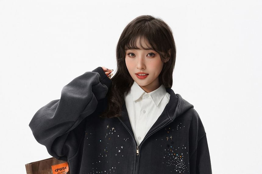 Rhinestone-Trim Zip Hoodie