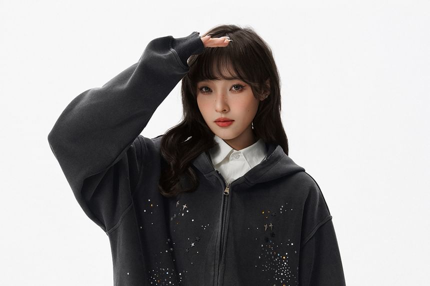 Rhinestone-Trim Zip Hoodie