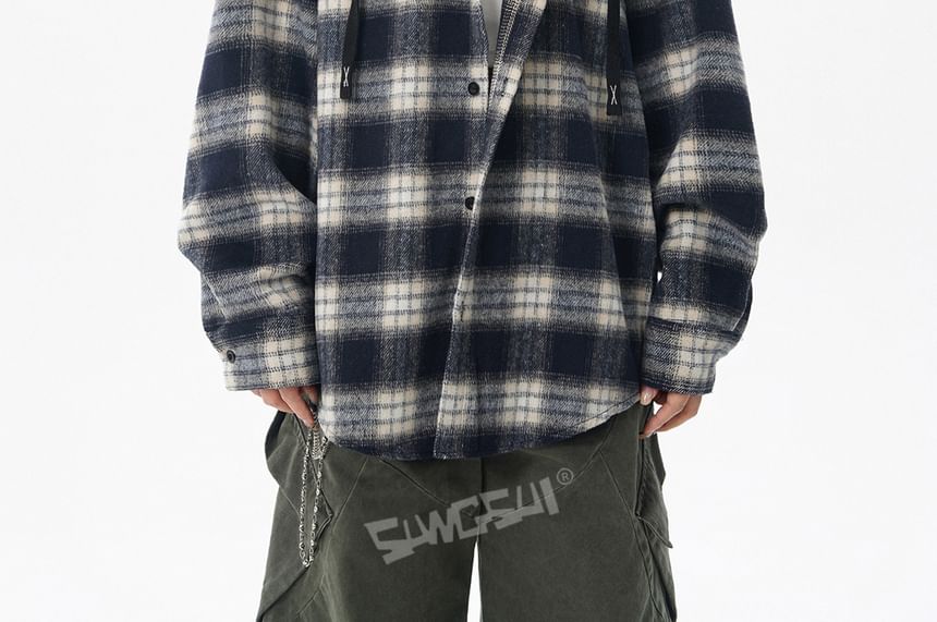 Plaid Button-Up Hooded Shirt Jacket