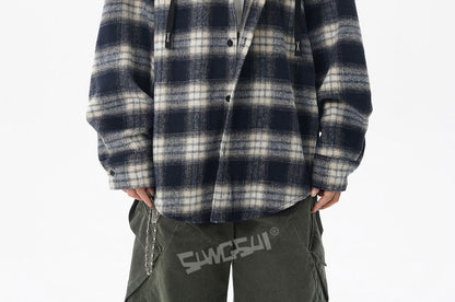Plaid Button-Up Hooded Shirt Jacket