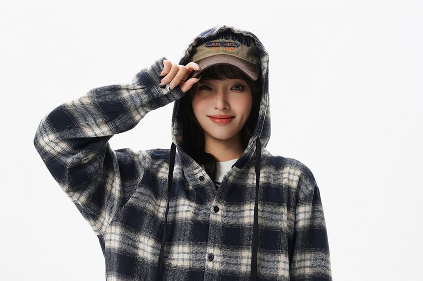 Plaid Button-Up Hooded Shirt Jacket