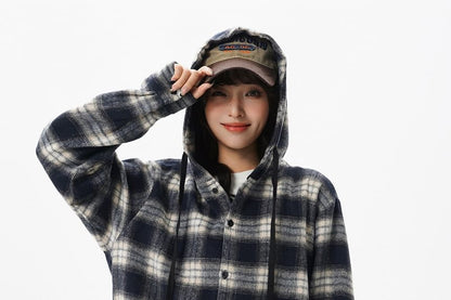 Plaid Button-Up Hooded Shirt Jacket