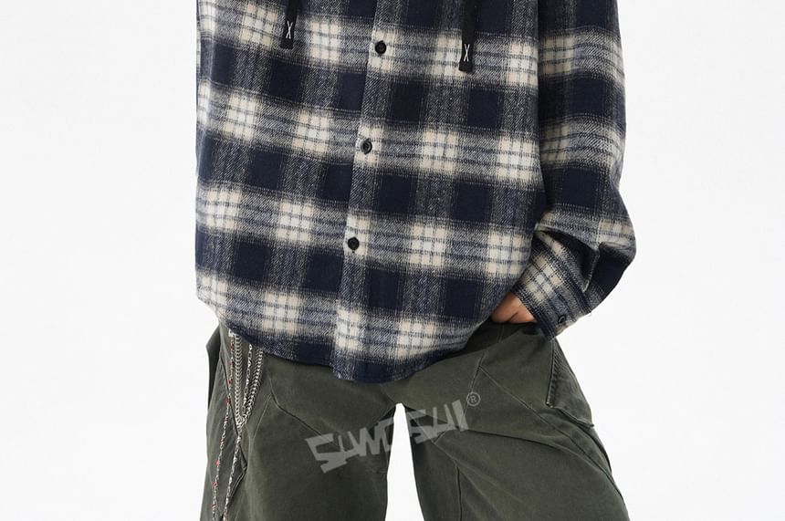 Plaid Button-Up Hooded Shirt Jacket