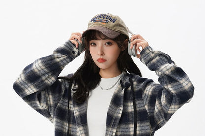 Plaid Button-Up Hooded Shirt Jacket