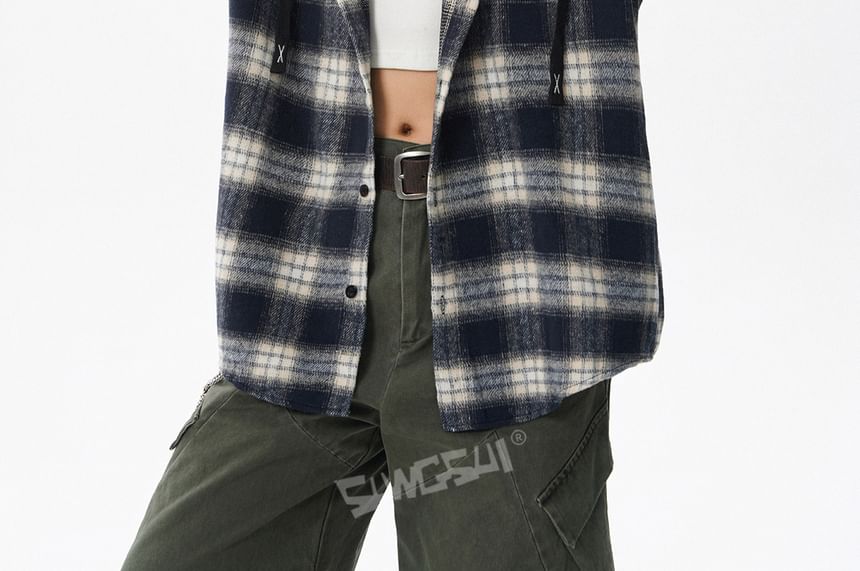Plaid Button-Up Hooded Shirt Jacket