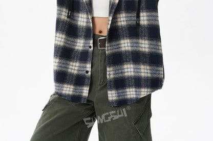 Plaid Button-Up Hooded Shirt Jacket