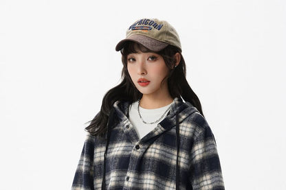Plaid Button-Up Hooded Shirt Jacket