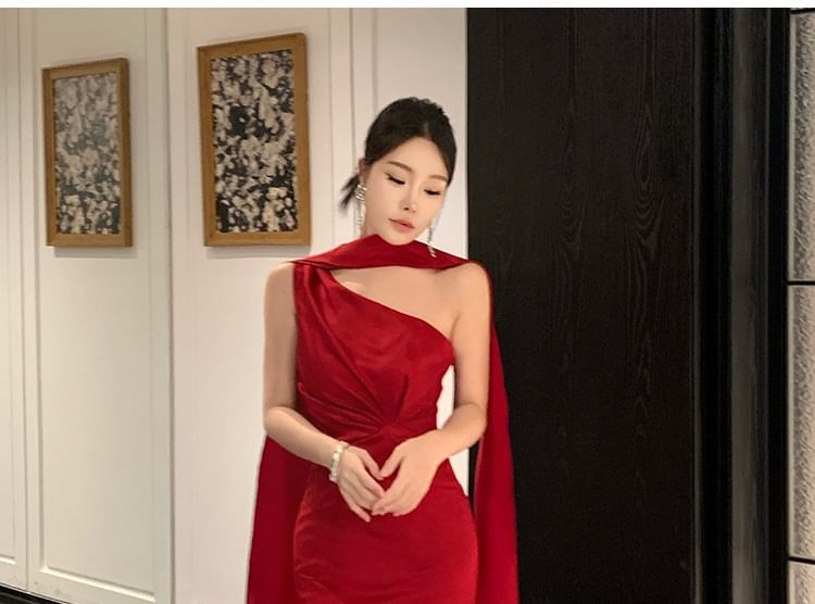 One-Shoulder Plain Ruched Trumpet Evening Dress