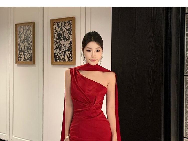 One-Shoulder Plain Ruched Trumpet Evening Dress