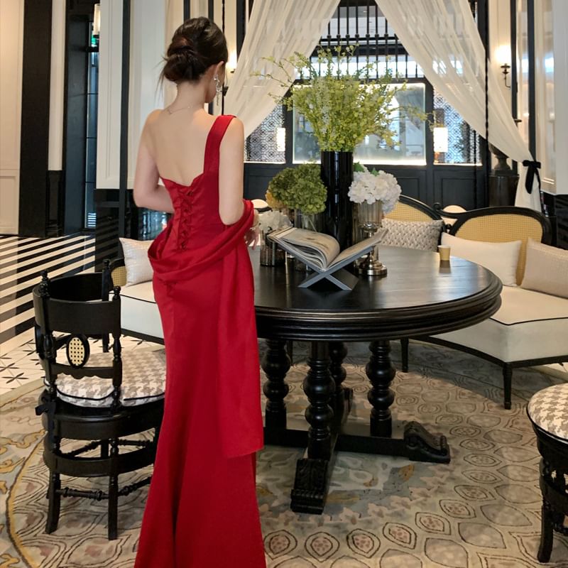 One-Shoulder Plain Ruched Trumpet Evening Dress