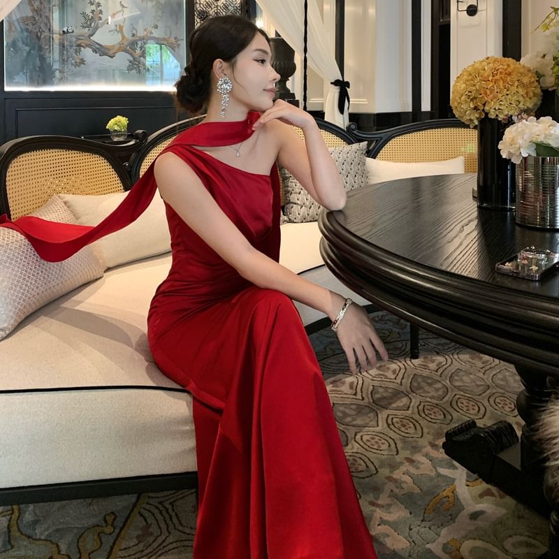 One-Shoulder Plain Ruched Trumpet Evening Dress