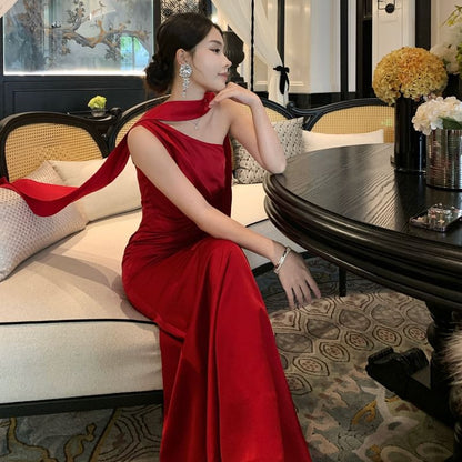 One-Shoulder Plain Ruched Trumpet Evening Dress