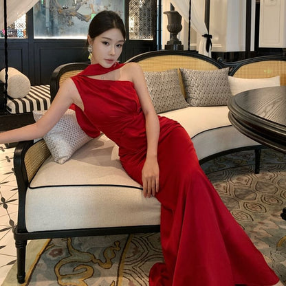 One-Shoulder Plain Ruched Trumpet Evening Dress