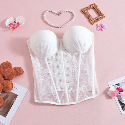 Sheer Lace Strapless Corset Crop Blouse