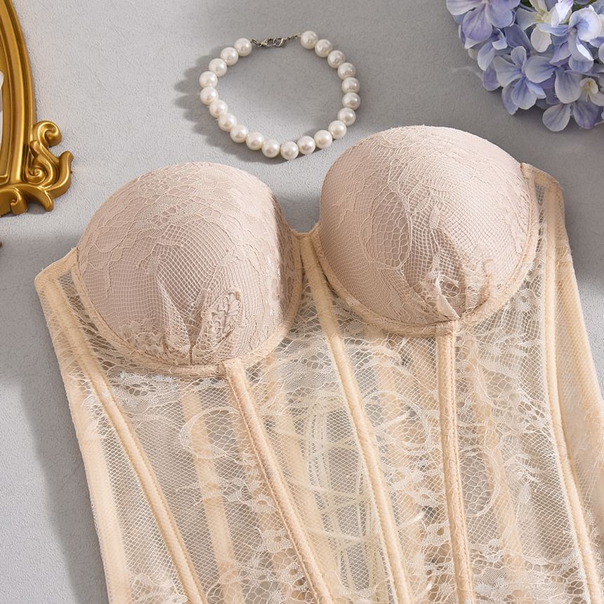 Sheer Lace Strapless Corset Crop Blouse