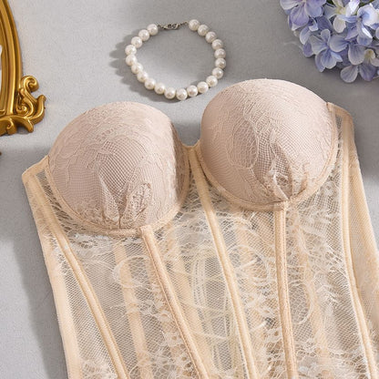 Sheer Lace Strapless Corset Crop Blouse