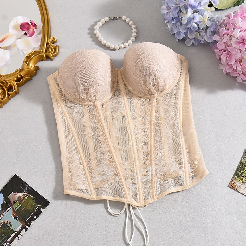 Sheer Lace Strapless Corset Crop Blouse