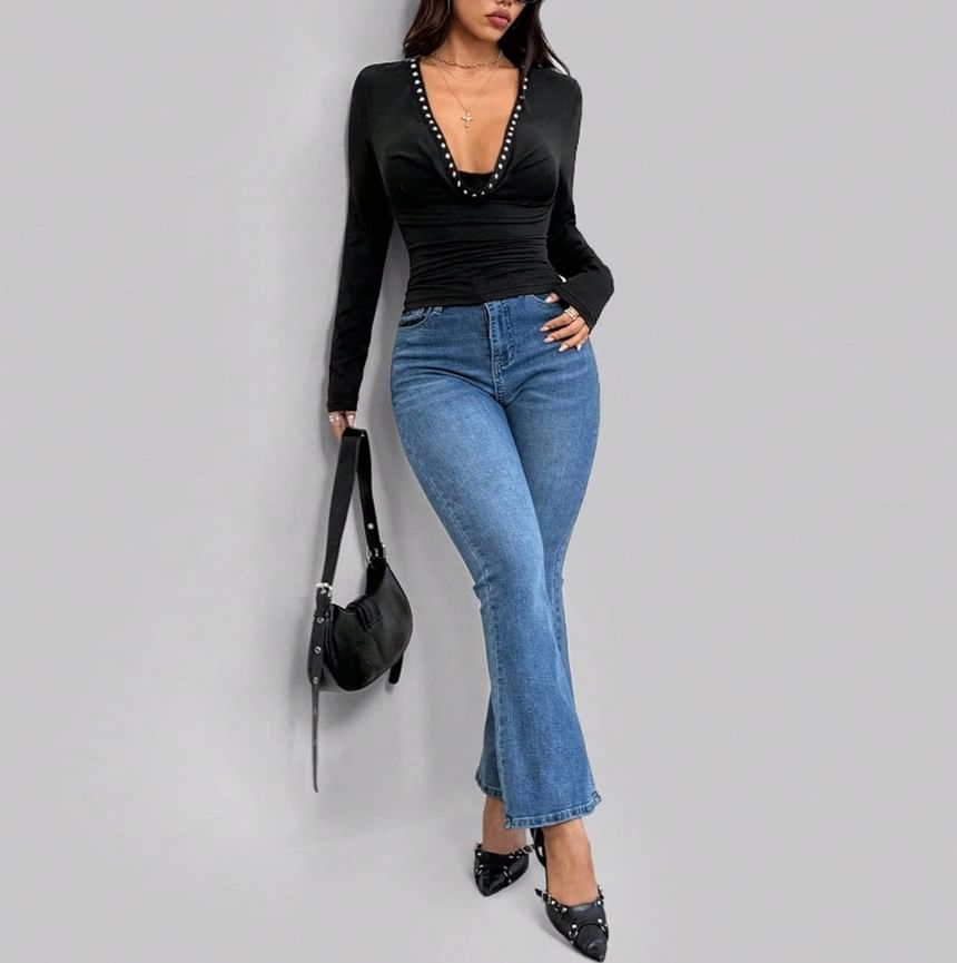 Studded Cowl Neck Slim-Fit Long-Sleeve Blouse