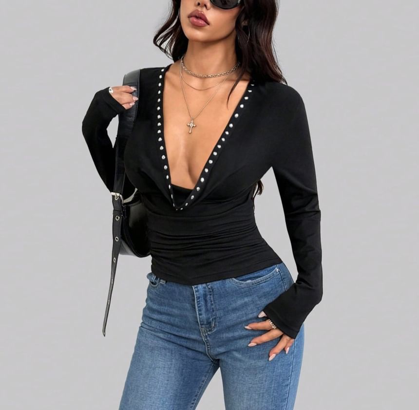 Studded Cowl Neck Slim-Fit Long-Sleeve Blouse