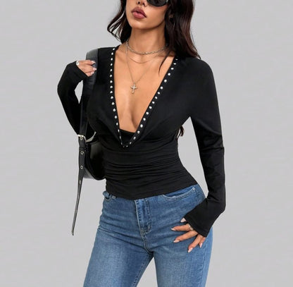 Studded Cowl Neck Slim-Fit Long-Sleeve Blouse