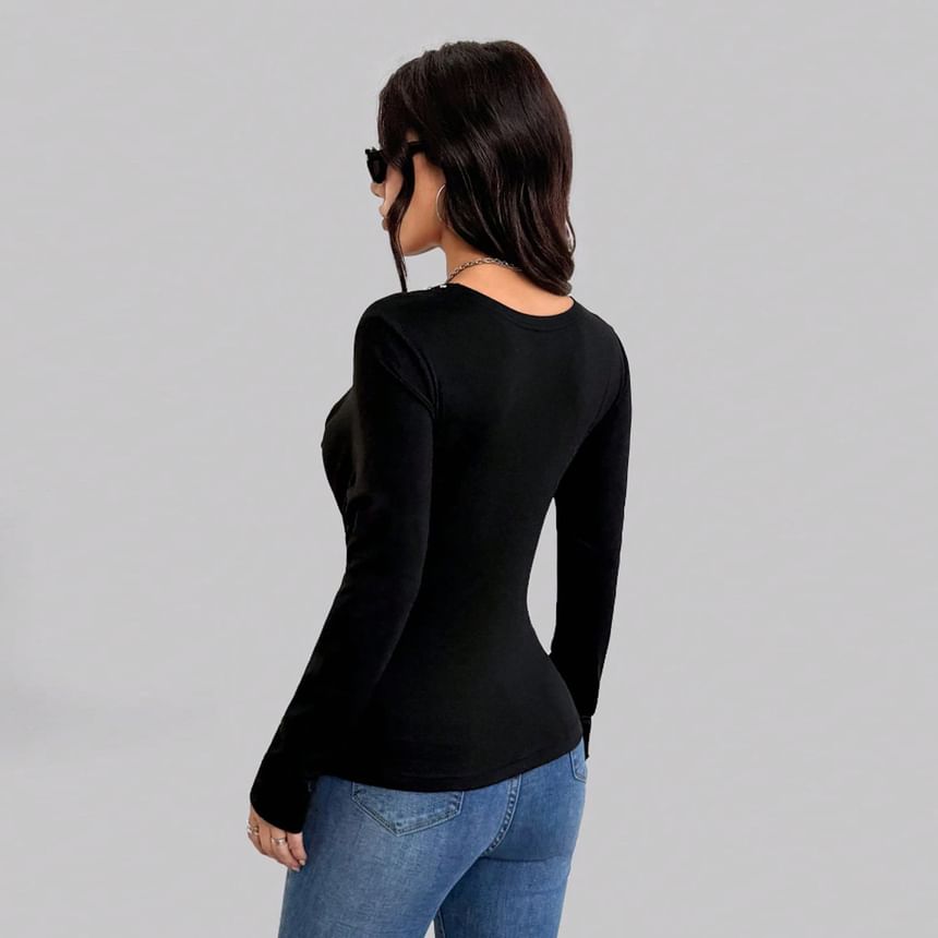 Studded Cowl Neck Slim-Fit Long-Sleeve Blouse