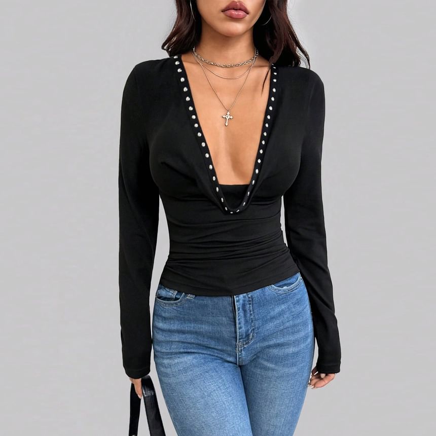 Studded Cowl Neck Slim-Fit Long-Sleeve Blouse