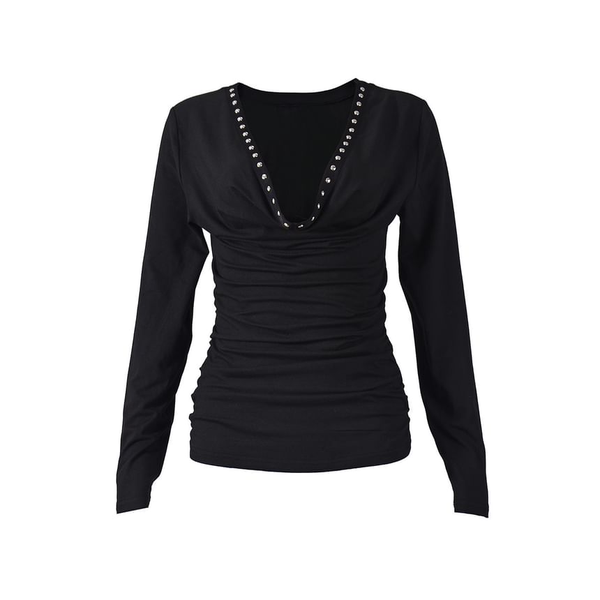 Studded Cowl Neck Slim-Fit Long-Sleeve Blouse