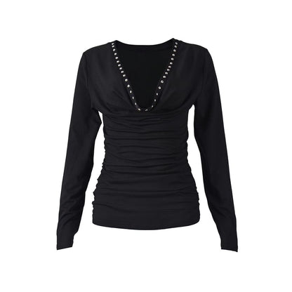 Studded Cowl Neck Slim-Fit Long-Sleeve Blouse