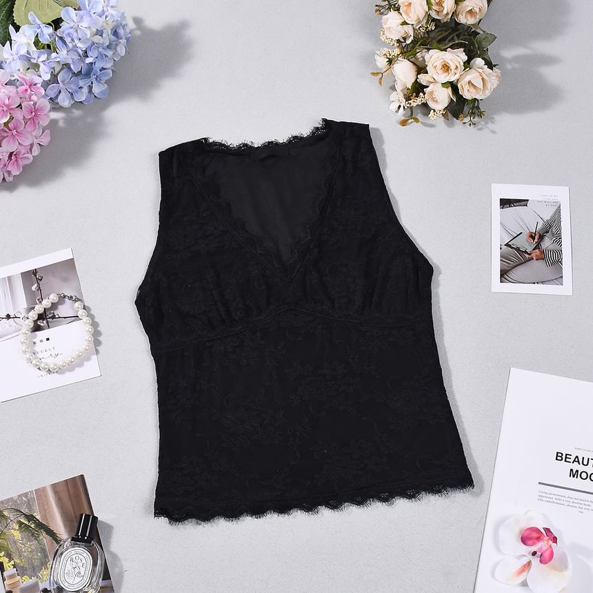 V-Neck Plain Lace Slim Fit Tank Top