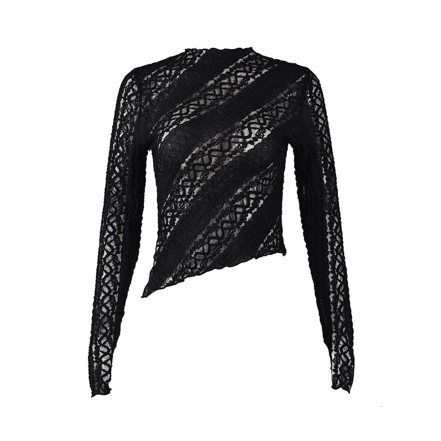 Extended Sleeve Mock Neck Lace Sheer Slit Crop Top