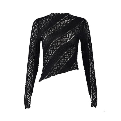 Extended Sleeve Mock Neck Lace Sheer Slit Crop Top