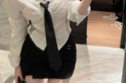 Collared V-Neck Necktie Lace Shirt