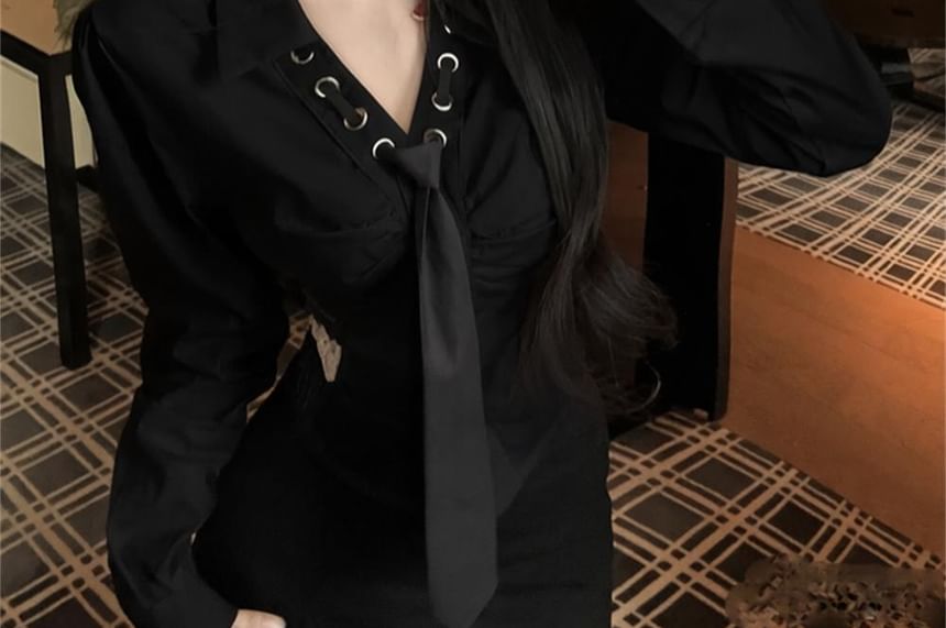 Collared V-Neck Necktie Lace Shirt
