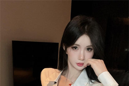 Collared V-Neck Necktie Lace Shirt