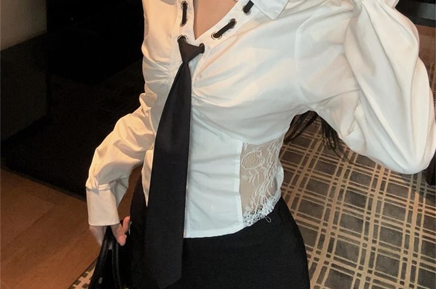 Collared V-Neck Necktie Lace Shirt
