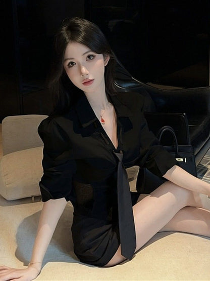 Collared V-Neck Necktie Lace Shirt