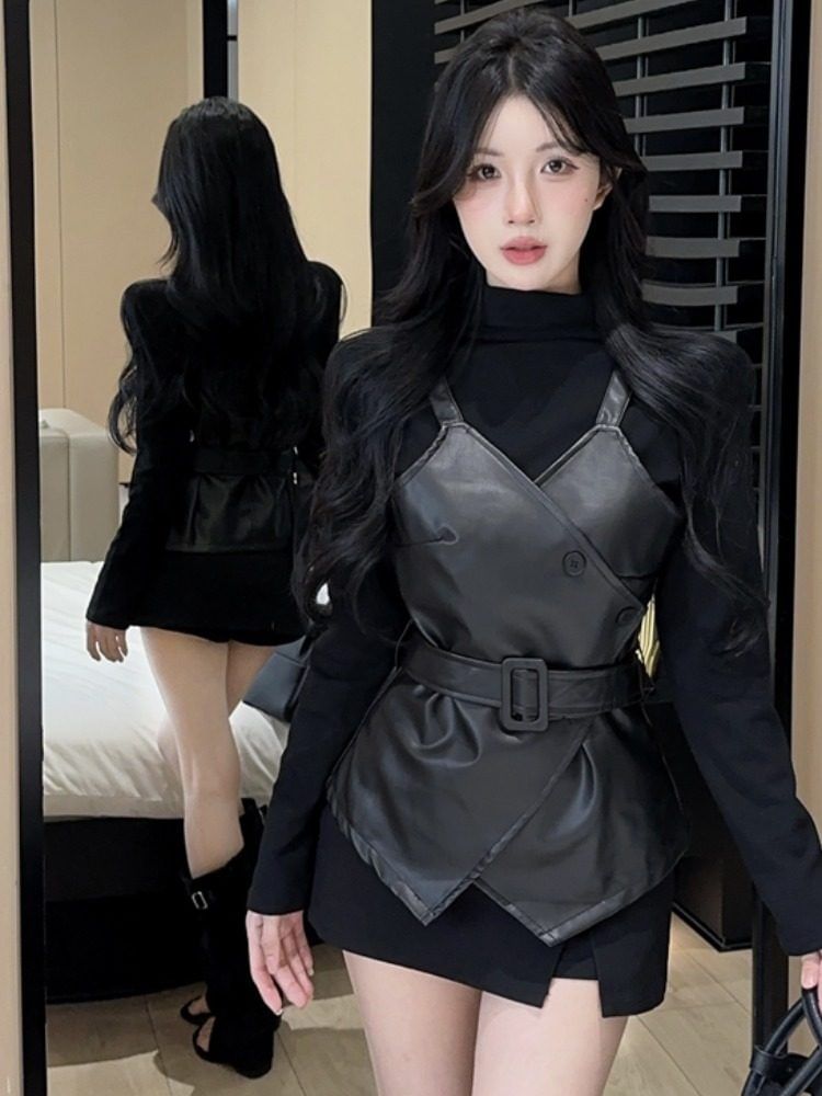 Mock Neck Top and Faux Leather Belted Vest Set