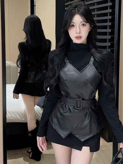 Mock Neck Top and Faux Leather Belted Vest Set