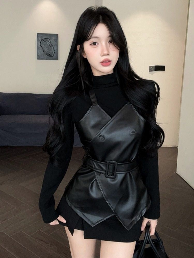 Mock Neck Top and Faux Leather Belted Vest Set