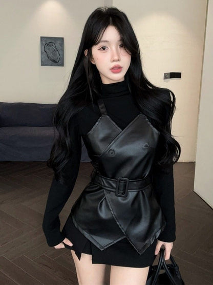 Mock Neck Top and Faux Leather Belted Vest Set