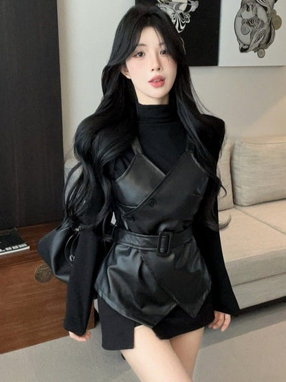 Mock Neck Top and Faux Leather Belted Vest Set