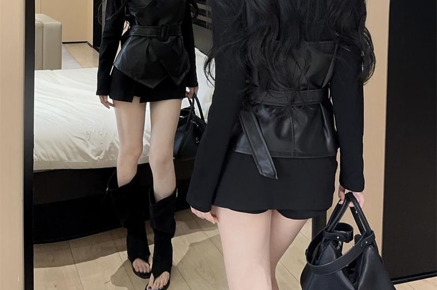 Mock Neck Top and Faux Leather Belted Vest Set