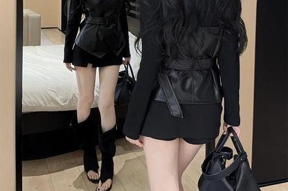 Mock Neck Top and Faux Leather Belted Vest Set