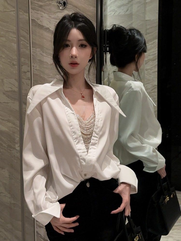 Beaded Pointed Collar Long Sleeve Shirt