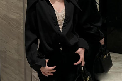Beaded Pointed Collar Long Sleeve Shirt