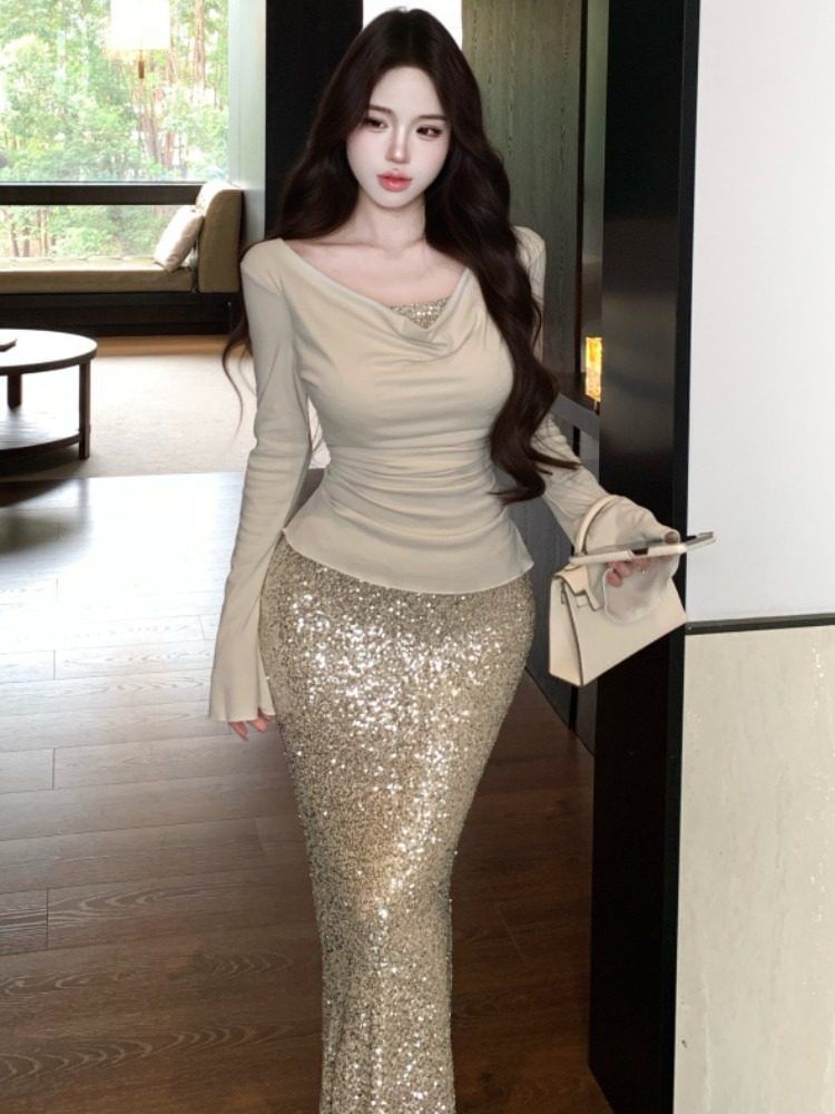 Cowl-Neck Two-Piece Top with Sequin Pencil Skirt
