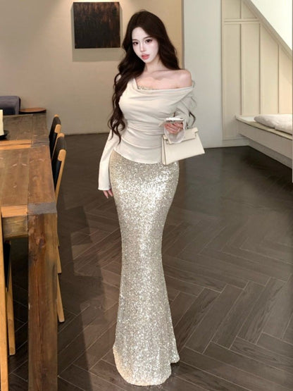 Cowl-Neck Two-Piece Top with Sequin Pencil Skirt