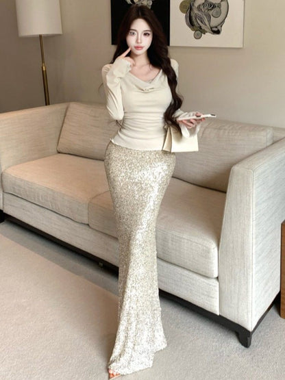 Cowl-Neck Two-Piece Top with Sequin Pencil Skirt