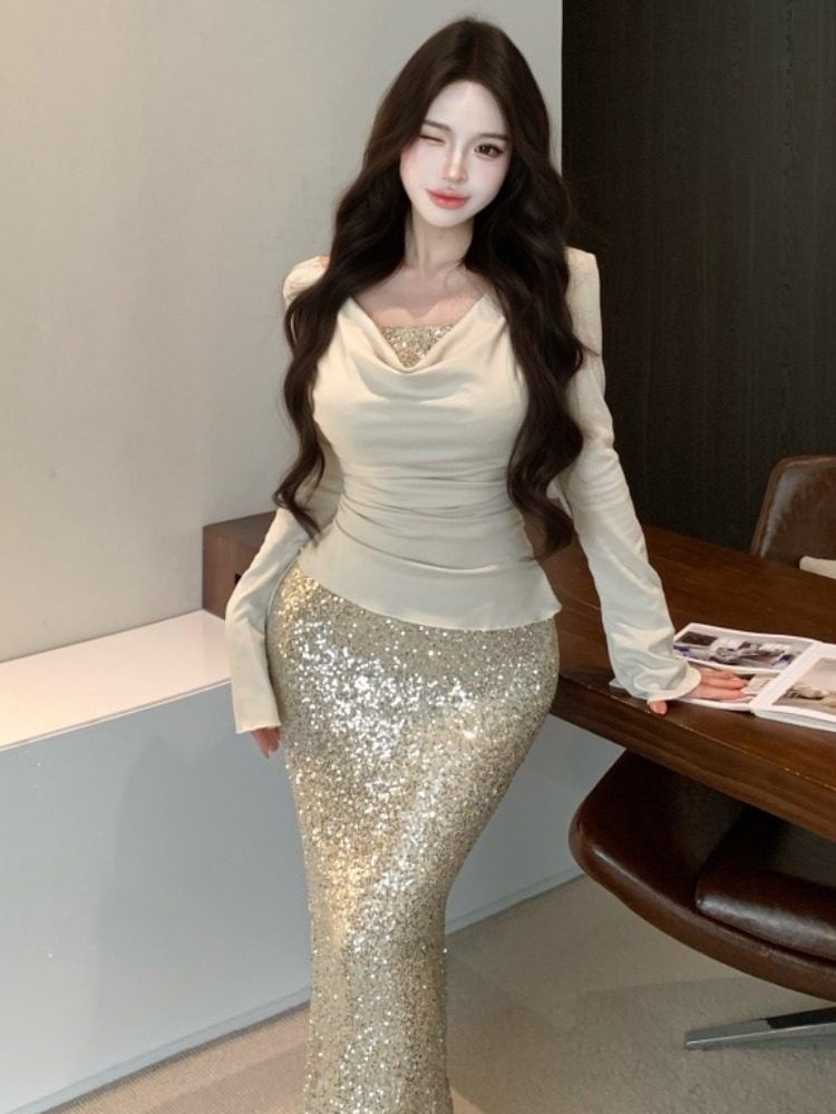 Cowl-Neck Two-Piece Top with Sequin Pencil Skirt