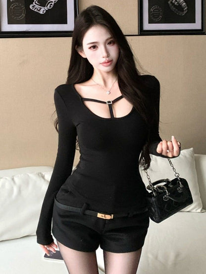 Scoop Neck Strapped Long Sleeve Top in Solid